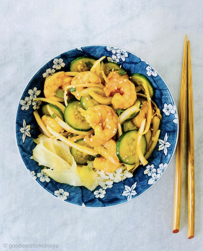 SPICY SHRIMP SUSHI RICE BOWL GOOD EATS FOR KIDNEYS